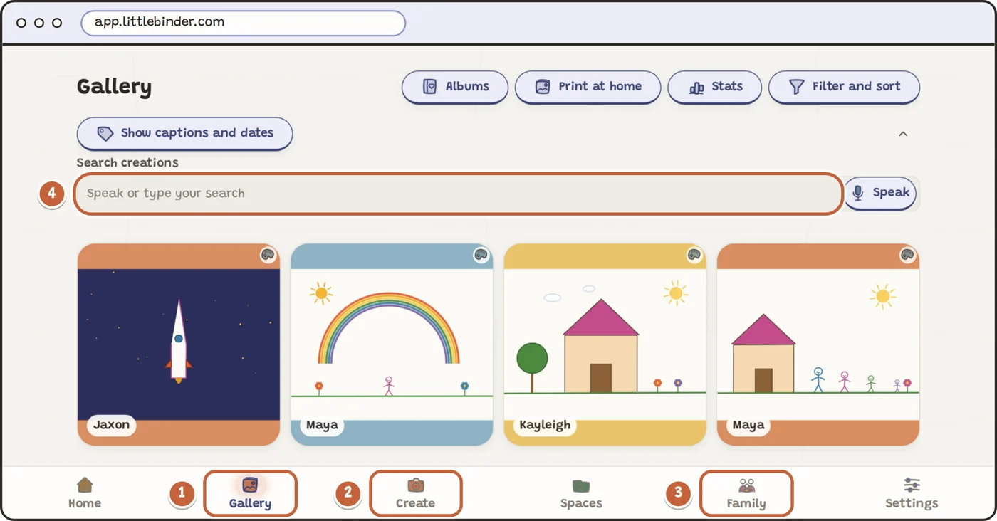 The Little Binder gallery on a computer, with Gallery, Create, Family and the search box marked.