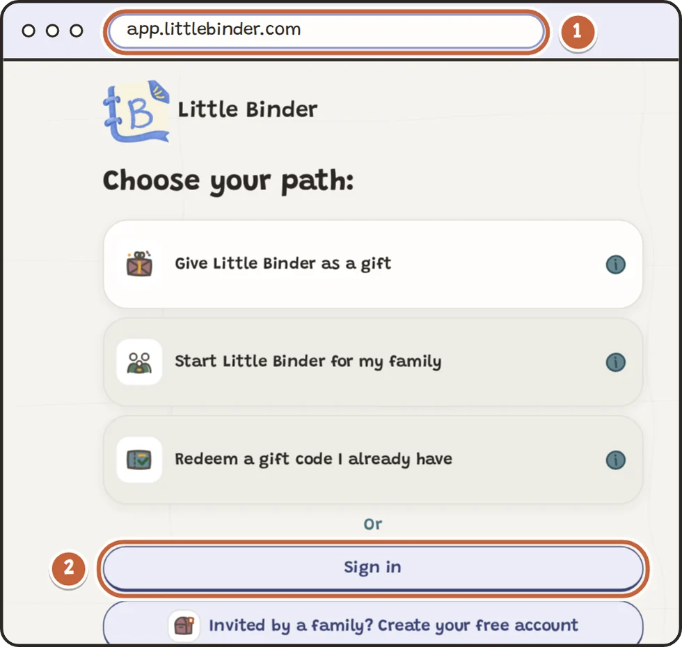 The Little Binder welcome page in a computer browser, with the address and the Sign in button marked.