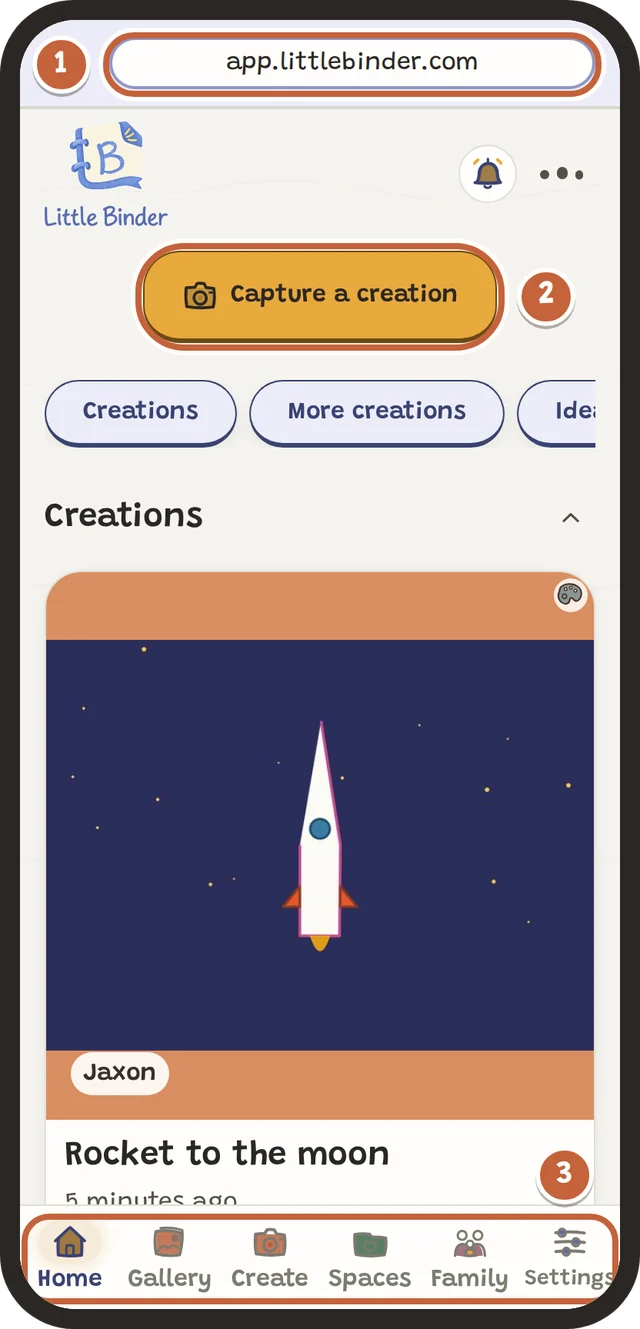Little Binder in a phone browser, with the address, the Capture a creation button and the bottom buttons marked.